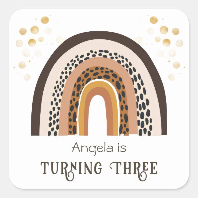 Adesivo Quadrado Rainbow Boho Animal Print aniversário de 3 anos (Frente)