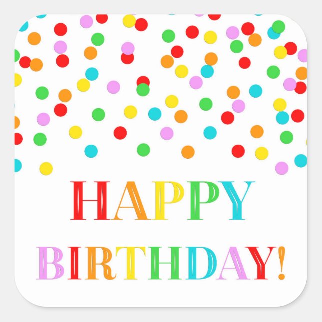 Adesivo Quadrado Rainbow Confetti Feliz Aniversário (Frente)