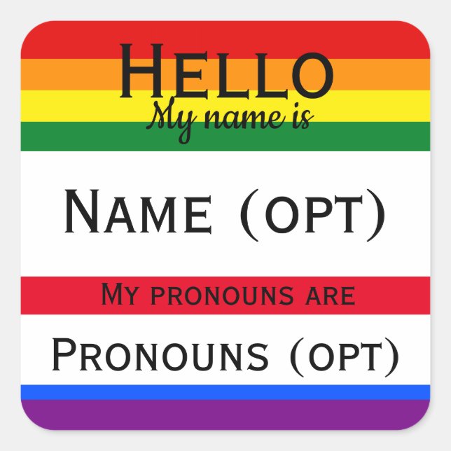 Adesivo Quadrado Rainbow Hello Pronouns (Frente)