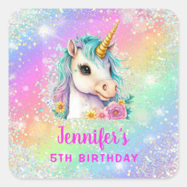 Adesivo Quadrado Rainbow Magical Unicorn Sparkle Birthday