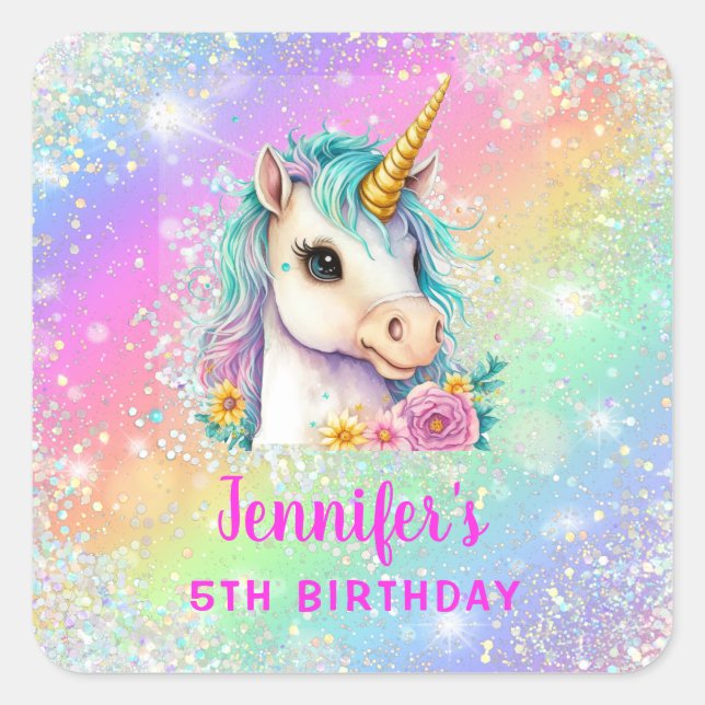 Adesivo Quadrado Rainbow Magical Unicorn Sparkle Birthday (Frente)