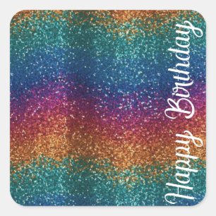 Adesivo Quadrado Rainbow Sparkle Metallic Elegant Feliz Aniversário