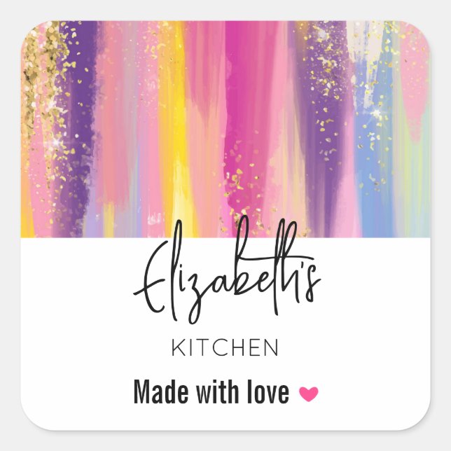 Adesivo Quadrado Rainbow Strips com Faux Dourado Glitter Kitchen (Frente)