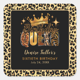 Adesivo Quadrado Rainha do Aniversário do Leopardo Divertido Sexagé