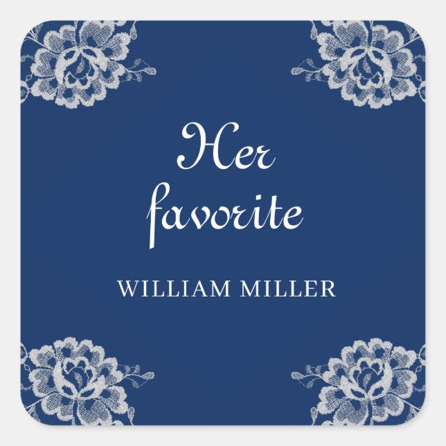 Adesivo Quadrado Raios Florais Elegantes no Casamento Azul Marinho (Frente)