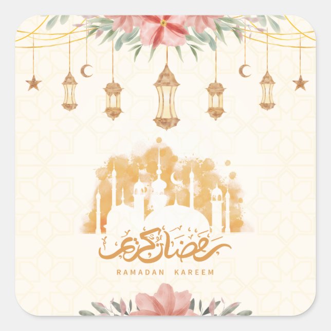 Adesivo Quadrado Ramadan Kareem Floral Watercolor Lanternas (Frente)