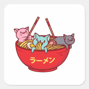 Adesivo Quadrado Ramen japoneses adoráveis engraçados do gato do