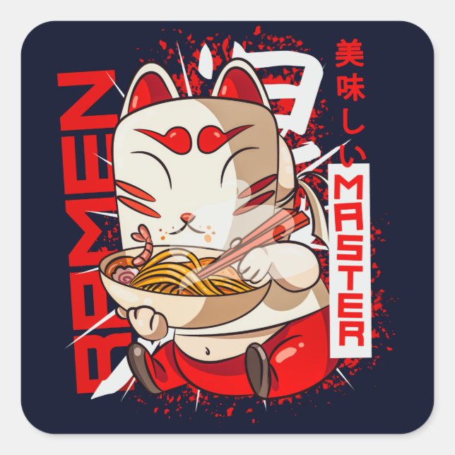 Adesivo Quadrado Ramen Master Kitsune Kawaii Fox (Frente)