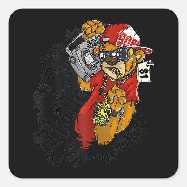 Adesivo Quadrado Rap Gangster do Urso de Urso de Hip do Duro Hustle (Frente)