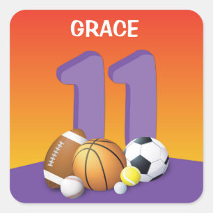 Adesivo Quadrado Rapariga 11 Birthday Sports Balls