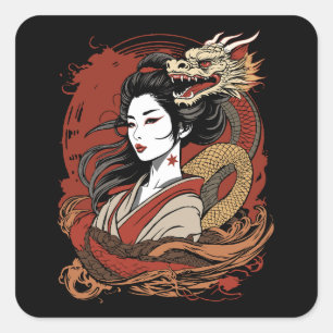 Adesivo Quadrado Rapariga Asiática Dragão chinês