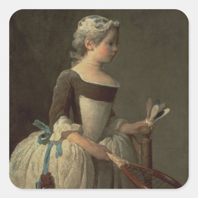 Adesivo Quadrado Rapariga com Racket e Choque (Frente)