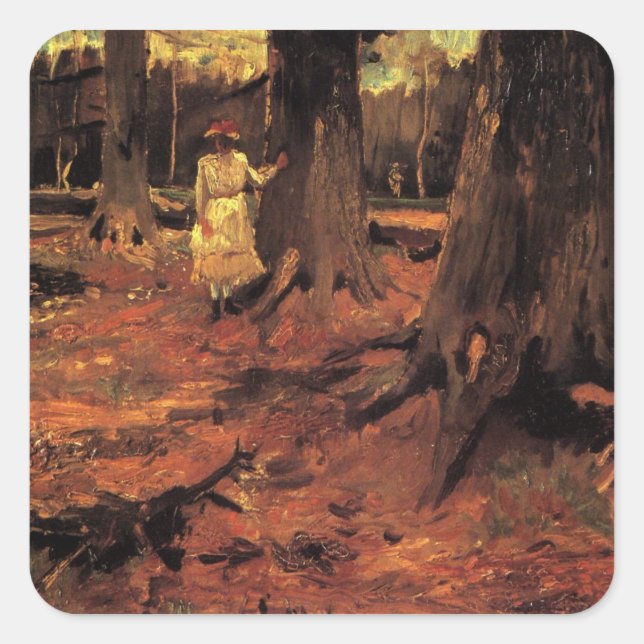 Adesivo Quadrado Rapariga de Branco na Floresta por Vincent van Gog (Frente)
