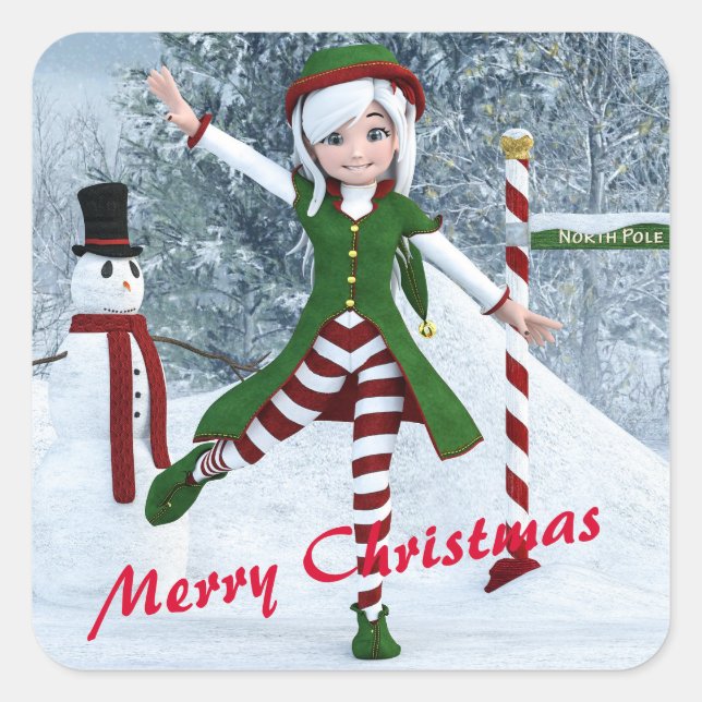 Adesivo Quadrado Rapariga de Natal numa Floresta de inverno (Frente)