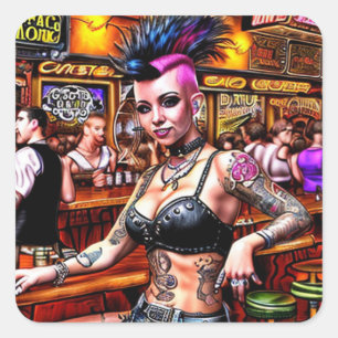 Adesivo Quadrado Rapariga do Bar Punk Rock com Mohawk e Tattoos