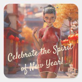 Adesivo Quadrado Rapariga Exótica Celebrando Ano Novo Chinês