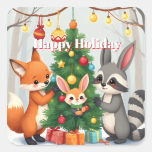 Adesivo Quadrado Rapariga Fofa, Guaxinim e Coelhinho da Navidad Sou