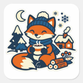 Adesivo Quadrado Rapariga Kawaii Fox Bebendo Cacau no Neve