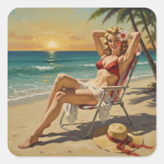 Adesivo Quadrado Rapariga na praia Retro '50 Pin-up art