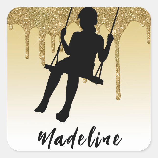 Adesivo Quadrado Rapariga no bosque Dourado com brilho (Frente)