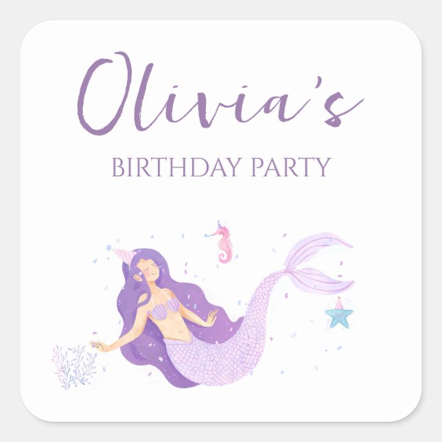 Adesivo Quadrado Raparigas Roxas Sereias Personalizadas Aniversário (Frente)