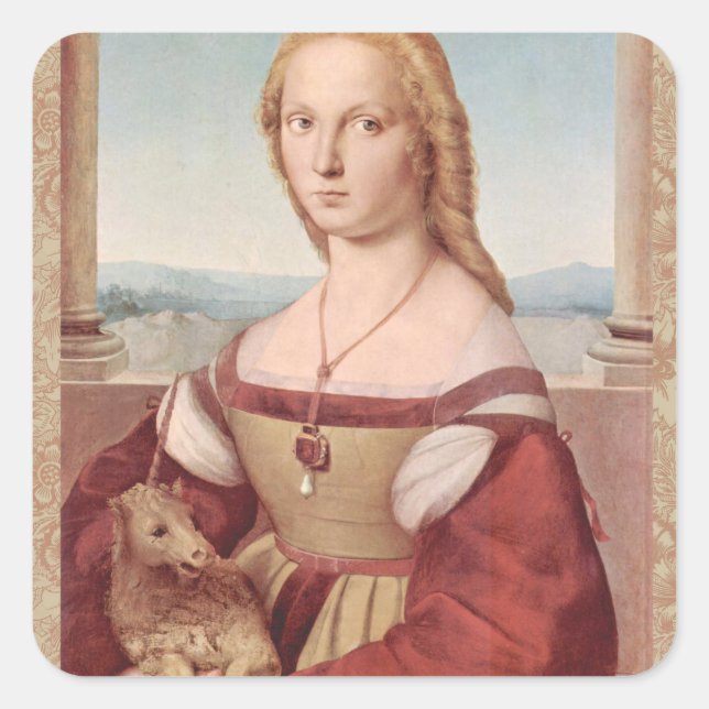Adesivo Quadrado Raphael Dama e o Unicórnio Arte Fina Clássica (Frente)