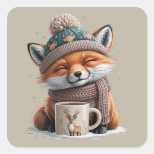Adesivo Quadrado Raposa Aconchegante Temporada de Inverno Café Anim