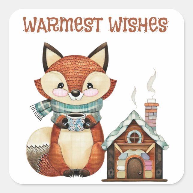 Adesivo Quadrado Raposa adorável da floresta com café (Frente)