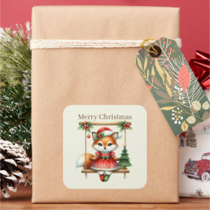 Adesivo Quadrado Raposa de Natal feliz adiciona texto