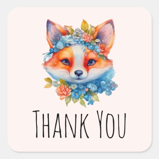 Adesivo Quadrado Raposa Laranja Bonita com Coroa Floral Obrigado (Frente)