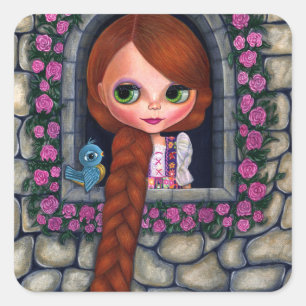 Adesivo Quadrado Rapunzel Garota-Olho Bonita Pássaro-Vermelho