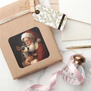 Adesivo Quadrado Rat Terrier com Papai Noel Natal Festivo