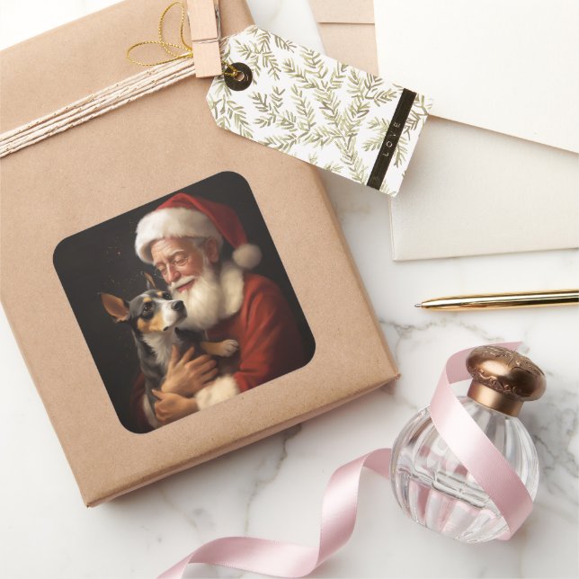 Adesivo Quadrado Rat Terrier com Papai Noel Natal Festivo (Presentear)