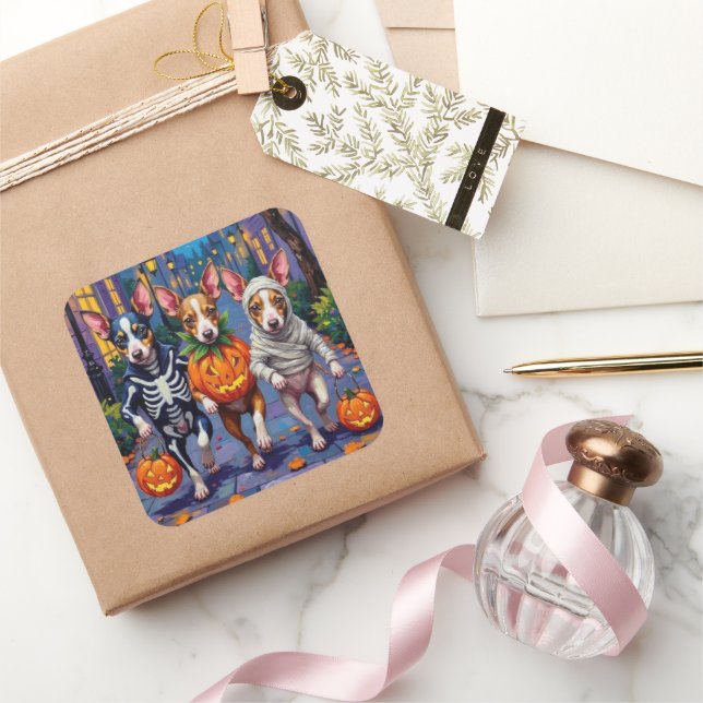 Adesivo Quadrado Rat Terrier Trick-or-Tratating Halloween Costumes (Presentear)