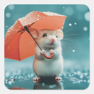Adesivo Quadrado Rato com Guarda-chuvas na chuva: Cena do Dia Chuva