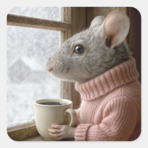Adesivo Quadrado Rato Com uma Xícara de Café