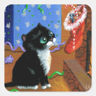 Adesivo Quadrado Rato engraçado do gatinho do smoking do Natal do
