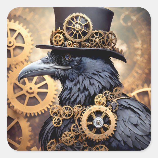 Adesivo Quadrado Raven em Top Hat Steampunk Art (Frente)