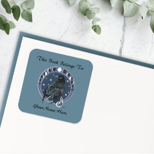 Adesivo Quadrado Raven Moon Phases Stars Blue Bookplate