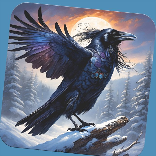Adesivo Quadrado Raven Spirit Winter Solstit Full Moon Forest Bird (Winter solstice raven sticker)