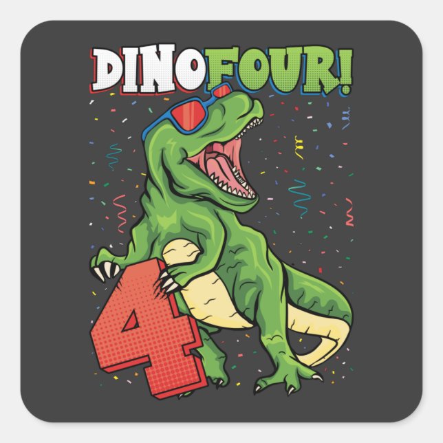 Adesivo Quadrado Rawr Eu sou um Dinofour 4º Dinossauro de Aniversár (Frente)