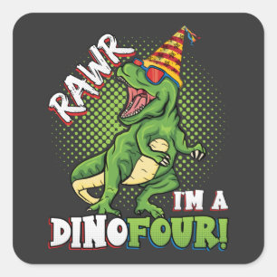 Adesivo Quadrado Rawr Eu sou um Dinofour 4º Dinossauro de Aniversár