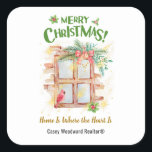 Adesivo Quadrado Real Estate Christmas | O lar é onde está o coraçã<br><div class="desc">Real Estate Christmas | O lar é onde o coração é um adesivo editável quadrado. Celebrar a época de Natal com este design festivo de cores aquáticas elegantemente desenhado com bonito decorações das janelas de Natal e um pássaro cardeal bonito, perfeito para empresas imobiliárias ou profissionais de serviços domésticos que...</div>
