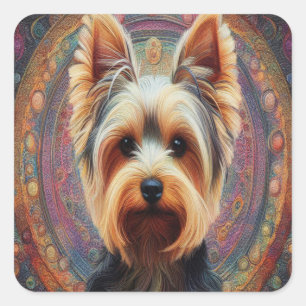 Adesivo Quadrado Realista Yorkshire Terrier Dog Fronteira Colorida