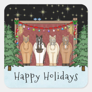 Adesivo Quadrado Rebanho Fofo de Cavalos Feliz Natal Cavalo Natal