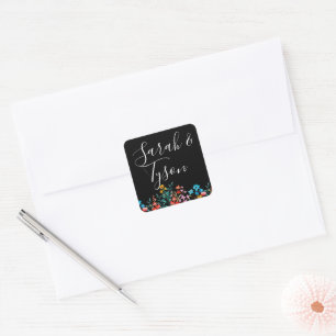 Adesivo Quadrado Recepção de casamento Floral Minimalista Preta com