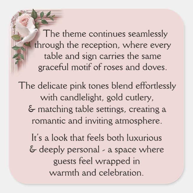 Adesivo Quadrado Reception Ceremony -  Pink Roses & Doves (Frente)