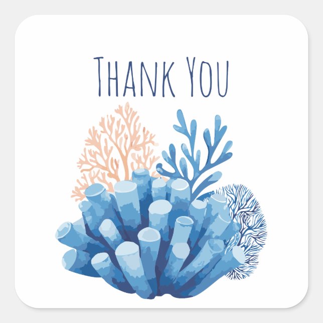 Adesivo Quadrado Recife de Coral Aquarela Azul Obrigado (Frente)