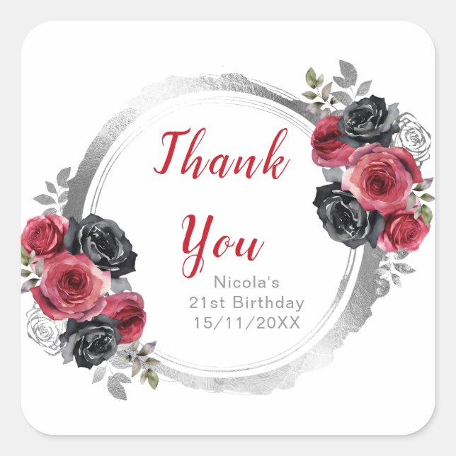Adesivo Quadrado Red and Silver Elegant Flowers Birthday Party (Frente)