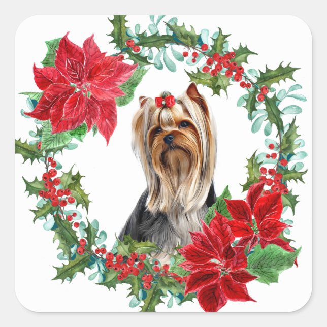Adesivo Quadrado Red Arco Yorkshire Terrier Poinsettia Holly Wreath (Frente)